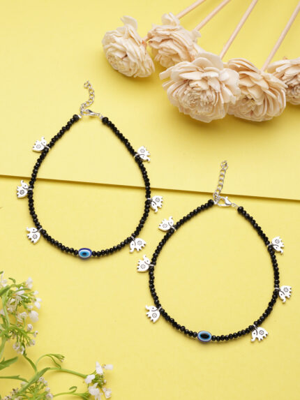 OZ Jewels Evil Eye and Elephant Charm Black Bead Anklets for Women
