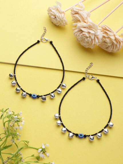 OZ Jewels Protective Evil Eye Black Bead with Shimmering Silver Bell Charms Anklets for Women