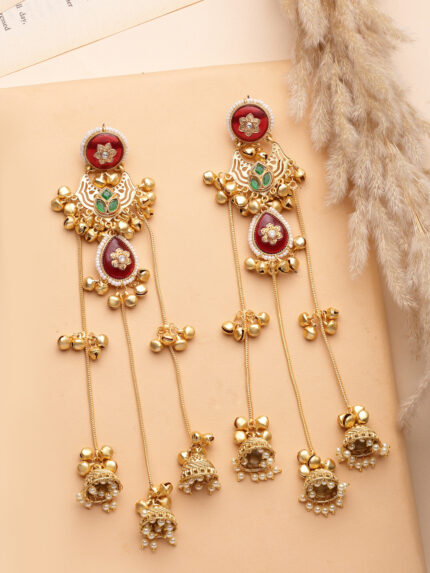 OZ Jewels Gold-Plated Kashmiri Jhumka Earrings with Long Tiered Saharey Chains