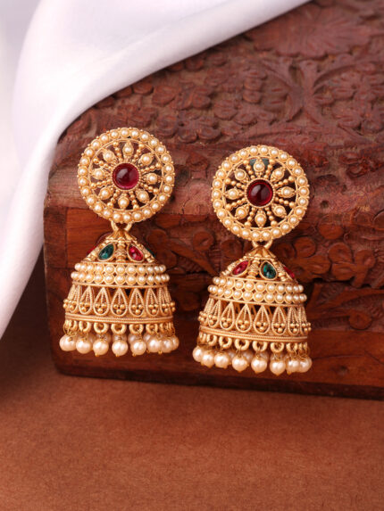 OZ Jewels Gold-Plated Traditional Jhumka Earrings with Ruby & Emerald Stone Accents and Pearl Droplets for Women