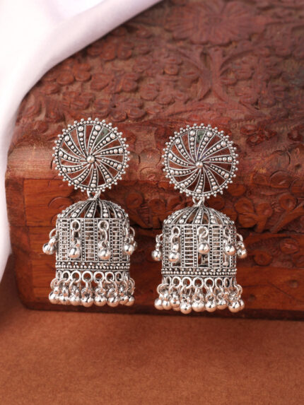 OZ Jewels German Silver Oxidized Jhumka Earrings with Spiral Swirl Stud