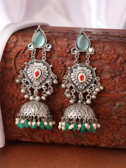 OZ Jewels Silver-Plated Oxidised Teardrop Stone Studded Traditional Jhumka Earrings with Pearl & Green Bead Drops