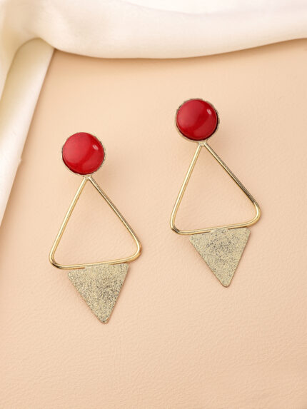 OZ Jewels Gold-Plated Geometric Triangle Drop Earrings with Red Stone Stud for Women