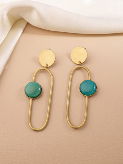 OZ Jewels Gold-Plated Geometric Oval Drop Earrings with Green Stone Stud for Women