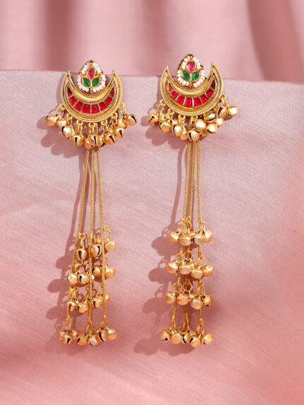 OZ Jewels Gold-Plated Kashmiri Jhumka Earrings with Long Layered Ghungroo Chains