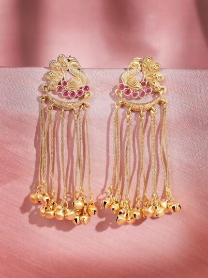 OZ Jewels Gold-Plated Peacock Motif Kashmiri Jhumka Earrings with Long Saharey Chains