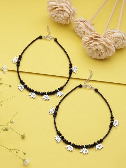 OZ Jewels Silver-Plated Elephant Charm Black Bead Anklets for Women