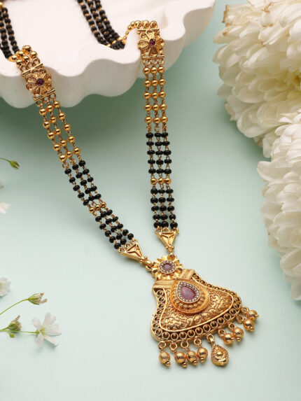 OZ Jewels Traditional Gold-Plated Long Mangalsutra with Ornate Triangular Filigree Pendant