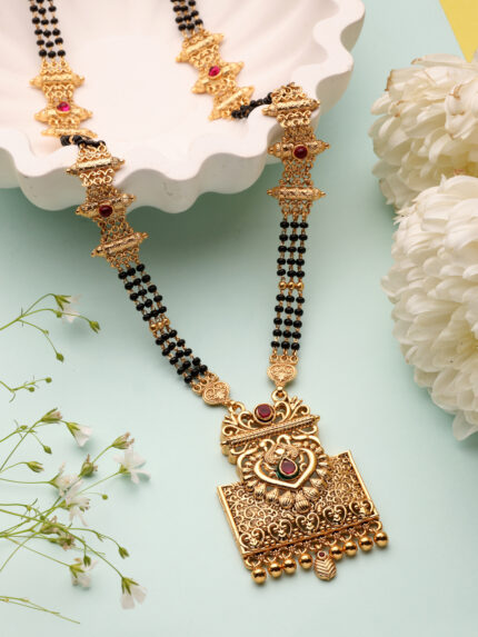 OZ Jewels Traditional Gold-Plated Long Mangalsutra with Intricate Peacock Motif Pendant