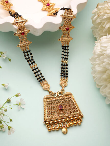 OZ Jewels Traditional Gold-Plated Long Mangalsutra with Ornate Honeycomb Pattern Pendant