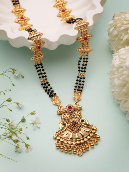 OZ Jewels Traditional Gold-Plated Long Mangalsutra with Ornate Sunburst Fan Pendant