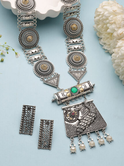 OZ Jewels Oxidized Silver-Toned Tribal Statement Necklace Set with Peacock Motif & Green Stone Accents