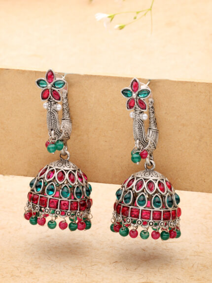 OZ Jewels Silver-Plated Oxideised Stone Studded Peacock Shaped Jhumka Earrings