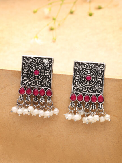 OZ Jewels Oxidized Silver Rectangular Drop Earrings with Pink Stone Accents and Pearl Droplets for Women