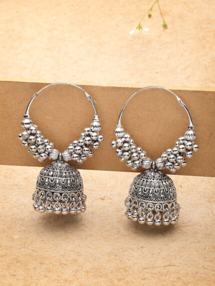 OZ Jewels Silver-Plated Bead-Adorned Hoop Jhumka Earrings for Women