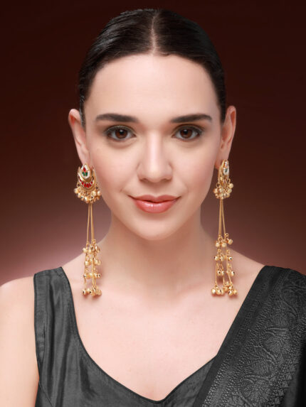 OZ Jewels Gold-Plated Kashmiri Jhumka Earrings with Long Layered Ghungroo Chains