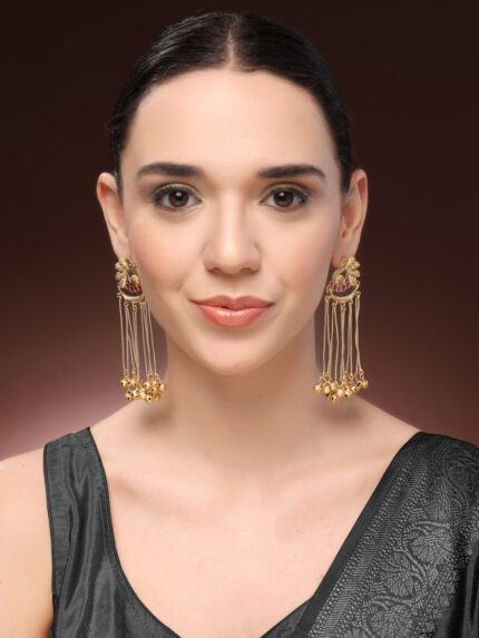 OZ Jewels Gold-Plated Peacock Motif Kashmiri Jhumka Earrings with Long Saharey Chains