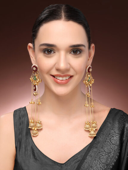 OZ Jewels Gold-Plated Kashmiri Jhumka Earrings with Long Tiered Saharey Chains
