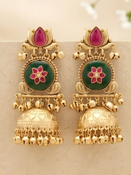 OZ Jewels Premium Matte Gold-Plated Lotus Jhumka Earrings with Emerald Green & Ruby Pink Stone Accents