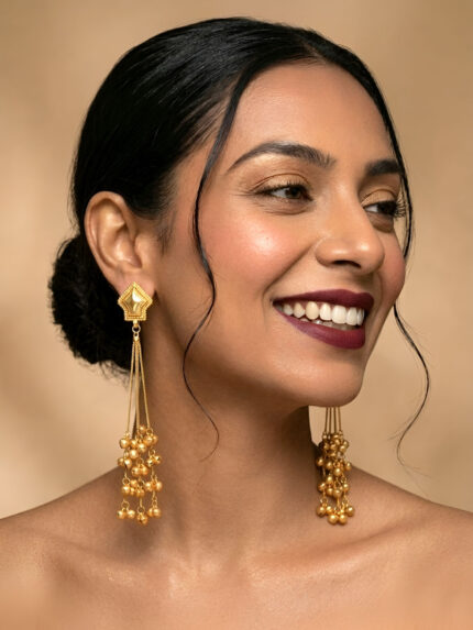 OZ Jewels Premium Gold-Plated Long Chain Tassel Earrings with Geometric Studs and Musical Gold Bead Drops