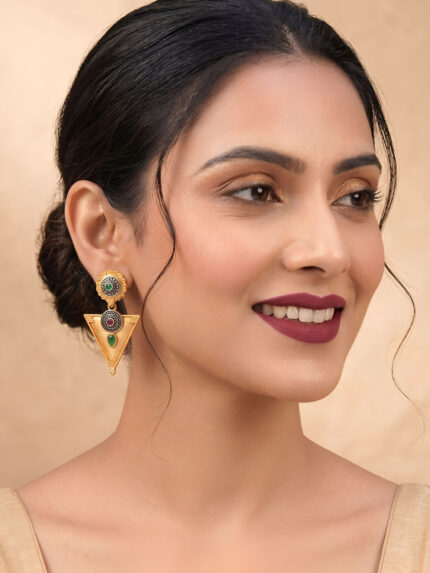 OZ Jewels Gold-Plated Geometric Triangle Drop Earrings with Oxidised Silver Accents and Multicolor Stone Studs