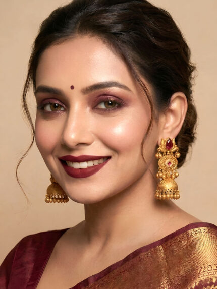 OZ Jewels Premium Gold-Plated Lotus Motif Jhumka Earrings with Ruby Stone Accents and Ghungroo Drops