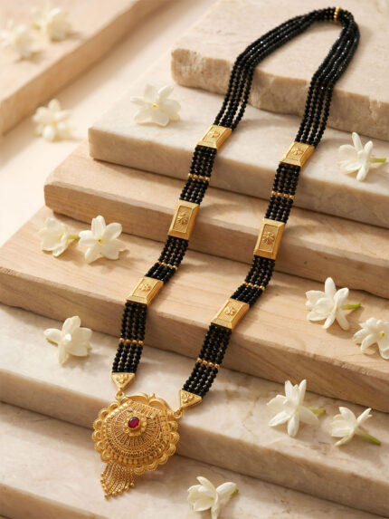 OZ Jewels Gold-Plated Traditional Long Mangalsutra with Multi-Layered Black Bead Chain and Ruby-Centered Floral Pendant