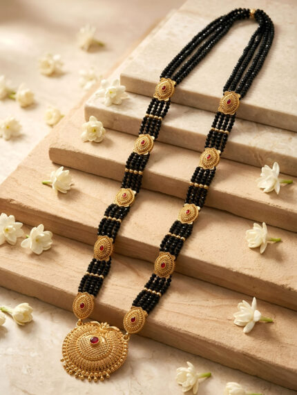 OZ Jewels Premium Gold-Plated Long Mangalsutra with Ruby-Studded Circular Motifs and Multi-Layered Black Bead Chain