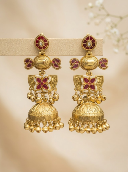 OZ Jewels Premium Matte Gold-Plated Temple Jhumka Earrings with Ruby-Red Stone Studs and Pearl-Embedded Floral Motif