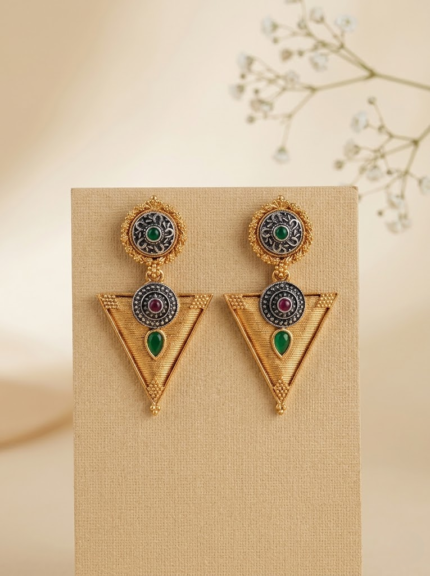 OZ Jewels Gold-Plated Geometric Triangle Drop Earrings with Oxidised Silver Accents and Multicolor Stone Studs