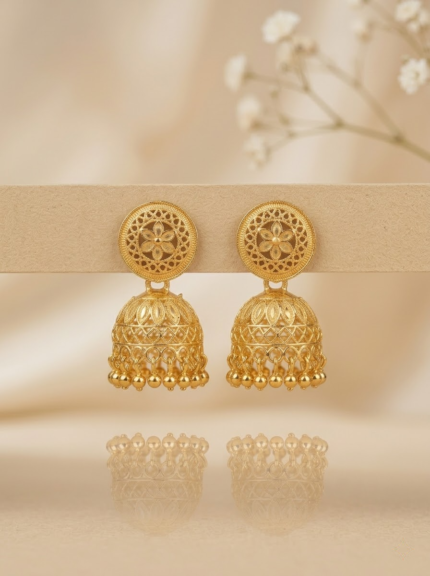 OZ Jewels Premium Gold-Plated Filigree Jhumka Earrings with Floral Studs and Traditional Gold Bead Drops