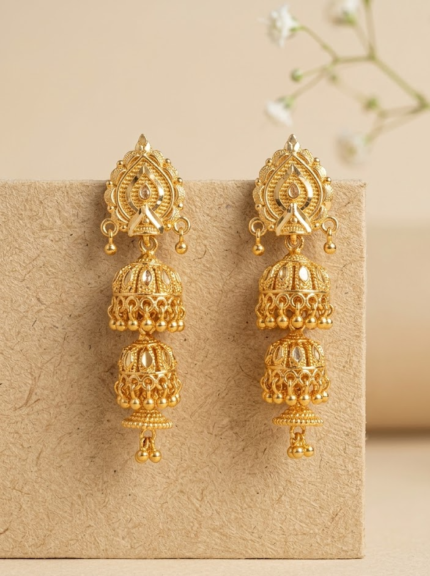 OZ Jewels Premium Gold-Plated Double-Layer Jhumka Earrings with Intricate Heart-Shaped Studs and Gold Bead Drops