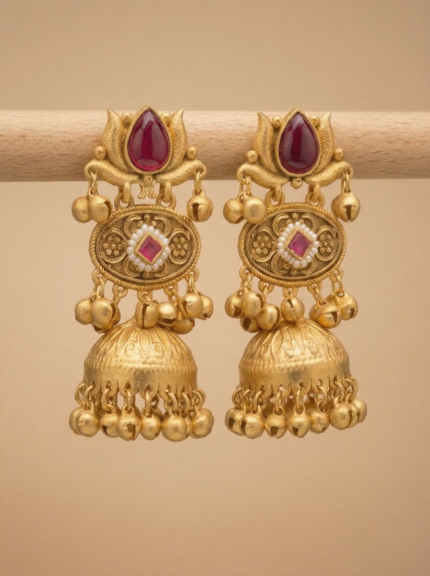 OZ Jewels Premium Gold-Plated Lotus Motif Jhumka Earrings with Ruby Stone Accents and Ghungroo Drops
