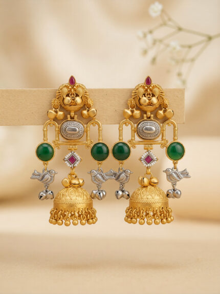 OZ Jewels Premium Gold-Plated Bird Motif Jhumka Earrings with Dual-Tone Accents and Emerald Green Stones