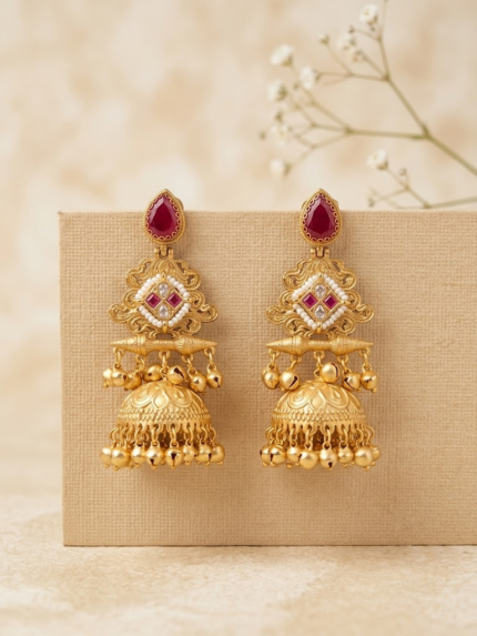 OZ Jewels Premium Matte Gold-Plated Temple Jhumka Earrings with Teardrop Ruby Studs and Pearl-Accented Rhombus Motif