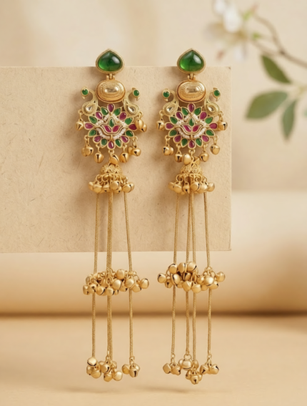 OZ Jewels Premium Matte Gold-Plated Long Tassel Jhumka Earrings with Emerald Green Studs and Multicolor Floral Motif