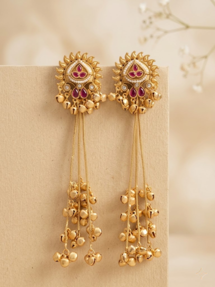 OZ Jewels Premium Matte Gold-Plated Long Tassel Earrings with Ruby-Red Floral Studs and Musical Ghungroo Drops