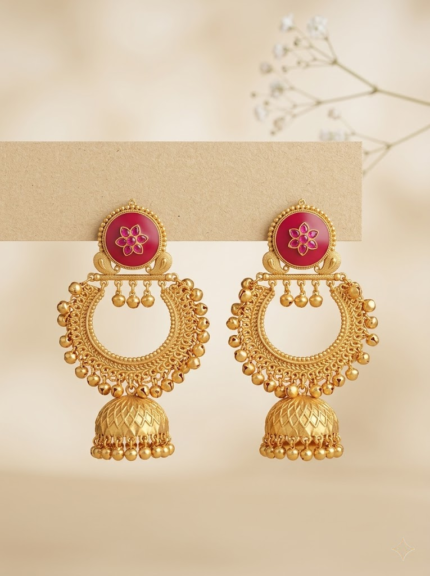 OZ Jewels Premium Matte Gold-Plated Chandbali Jhumka Earrings with Ruby-Red Floral Studs and Textured Domes