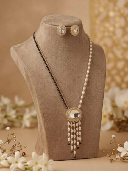 OZ Jewels Traditional Kundan & Pearl Long Mangalsutra with Contemporary Asymmetric Beaded Chain