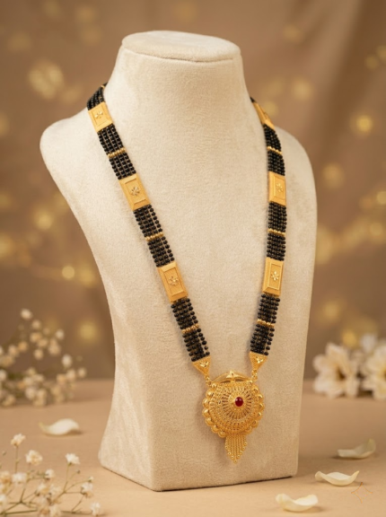 OZ Jewels Gold-Plated Traditional Long Mangalsutra with Multi-Layered Black Bead Chain and Ruby-Centered Floral Pendant