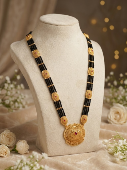 OZ Jewels Premium Gold-Plated Long Mangalsutra with Ruby-Studded Circular Motifs and Multi-Layered Black Bead Chain