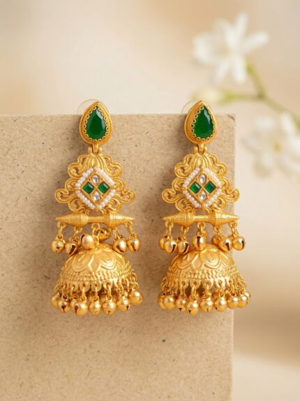 OZ Jewels Premium Matte Gold-Plated Temple Jhumka Earrings with Teardrop Emerald Green Stones and Pearl Accents