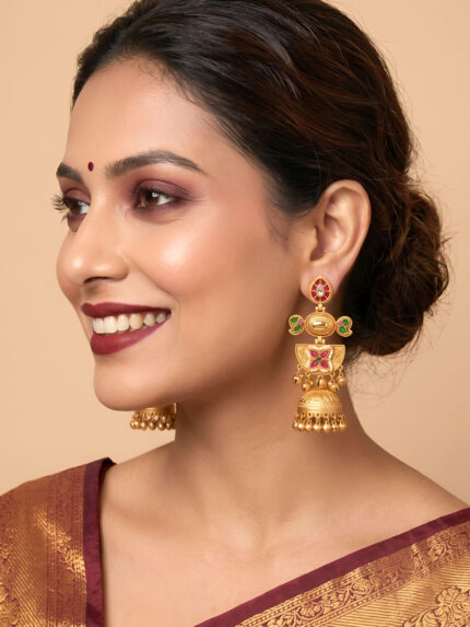OZ Jewels Premium Gold-Plated Multicolour Stone Jhumka Earrings with Ruby and Emerald Accents and Ghungroo Drops