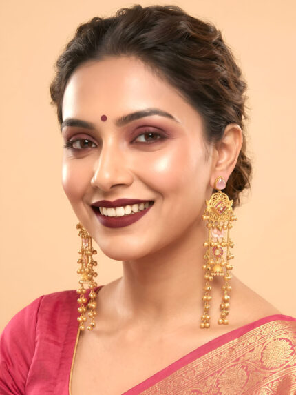 OZ Jewels Premium Matte Gold-Plated Long Chandelier Jhumka Earrings with Soft Pink Stones and Cascading Ghungroo Chains