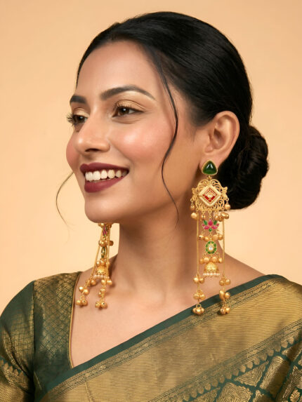 OZ Jewels Premium Gold-Plated Multicolour Long Jhumka Earrings with Emerald Green Studs and Tiered Ghungroo Cascades
