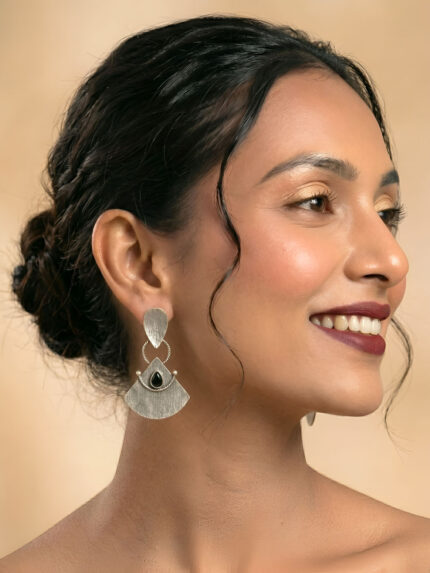 OZ Jewels Premium Oxidized Silver-Plated Geometric Drop Earrings with Black Teardrop Stone Accent