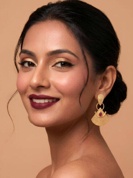 OZ Jewels Premium Brushed Matte Gold-Plated Geometric Drop Earrings with Teardrop Ruby Accent