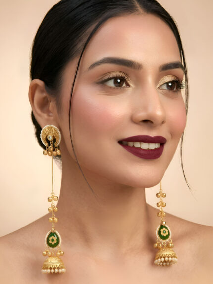 OZ Jewels Premium Matte Gold-Plated Long Chain Jhumka Earrings with Crescent Studs and Emerald Green Teardrop Accents