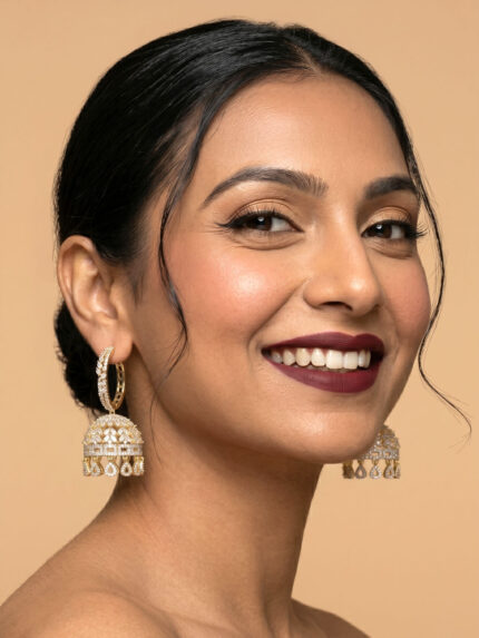 OZ Jewels Premium Dual-Tone American Diamond Hoop Jhumka Earrings with Marquise Leaf Motifs and Geometric Crystal Dangles