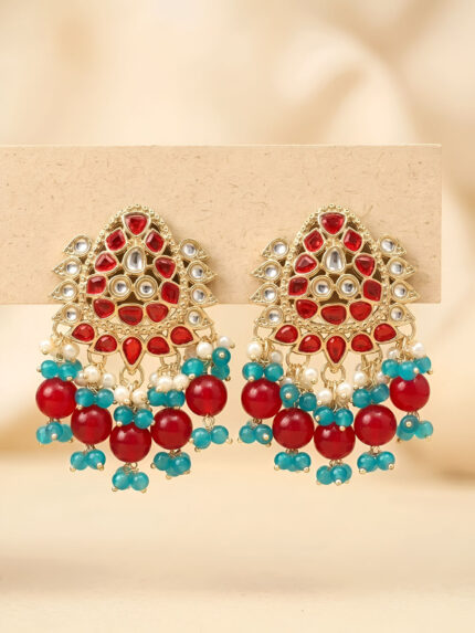 OZ Jewels Premium Gold-Plated Kundan-Style Statement Earrings with Ruby-Red Stones and Teal Bead Cascades